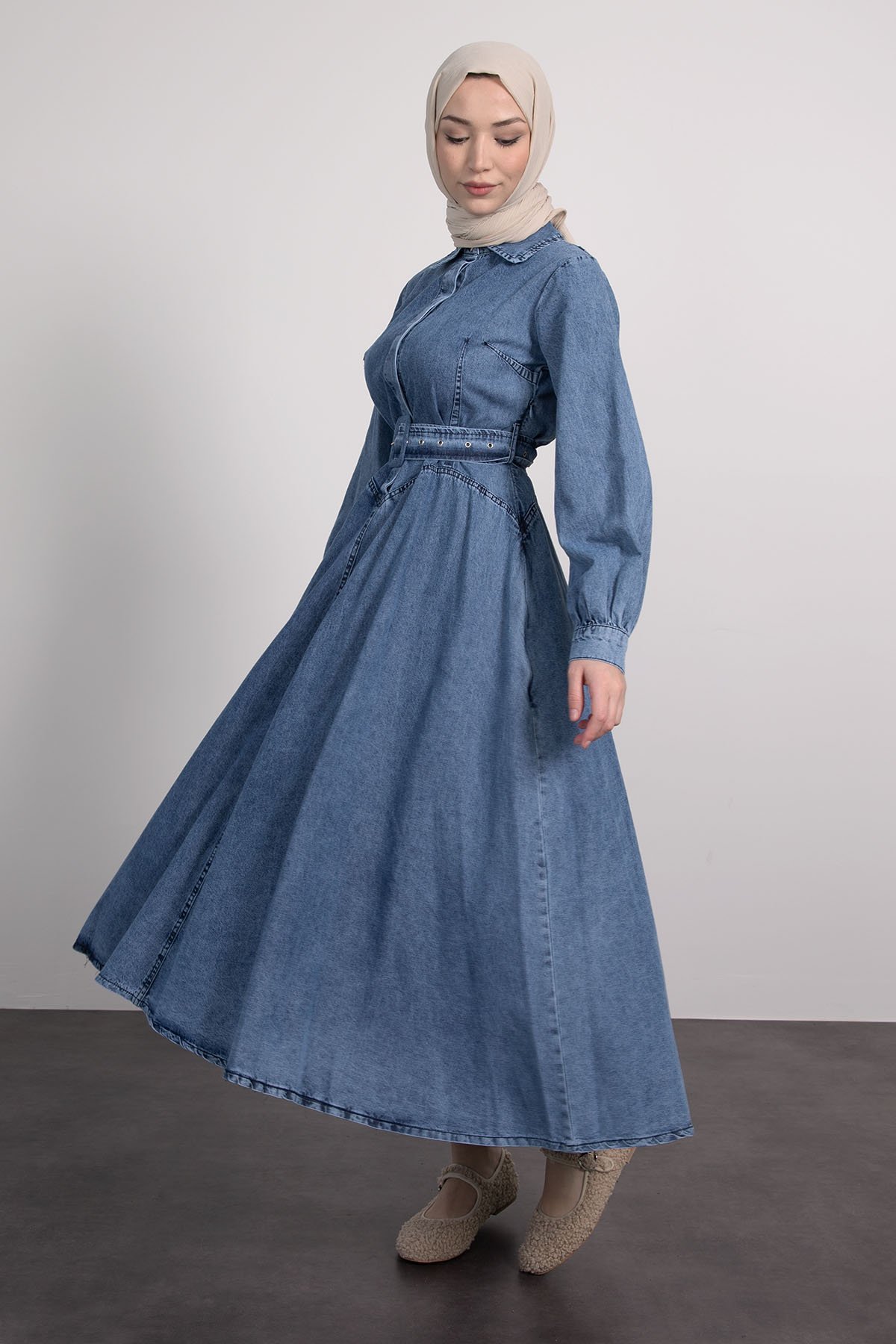 Kemerli Denim Tesettür Elbise Mavi