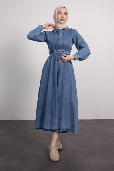 Kemerli Denim Tesettür Elbise Mavi