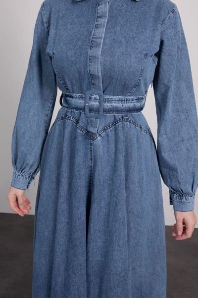 Kemerli Denim Tesettür Elbise Mavi