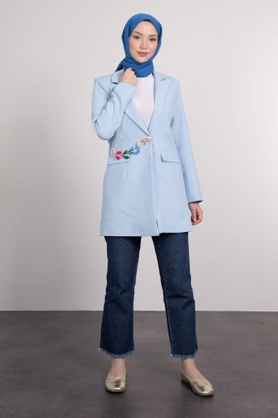 Renkli Aksesuar Detaylı Tesettür Blazer Ceket Bebe Mavi