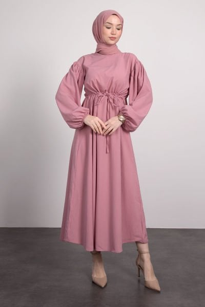 Belden İp Sıkmalı Tesettür Elbise Pembe