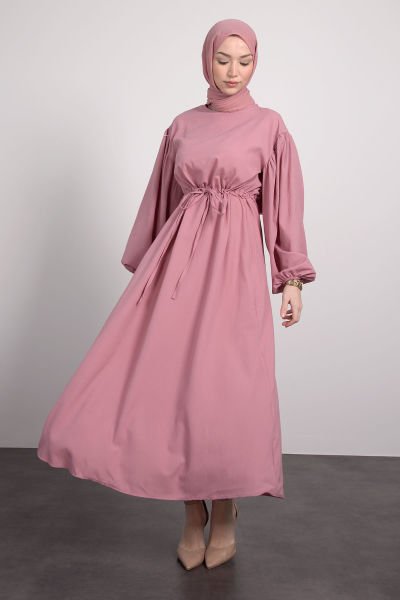Belden İp Sıkmalı Tesettür Elbise Pembe