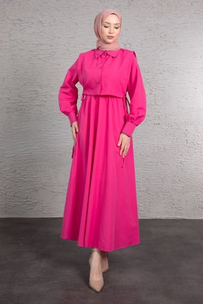 Crop Gömlek Detaylı Tesettür Elbise Pembe