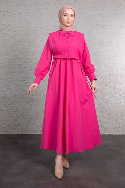 Crop Gömlek Detaylı Tesettür Elbise Pembe