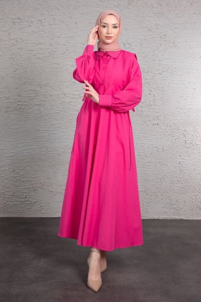 Crop Gömlek Detaylı Tesettür Elbise Pembe