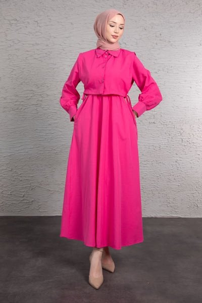 Crop Gömlek Detaylı Tesettür Elbise Pembe