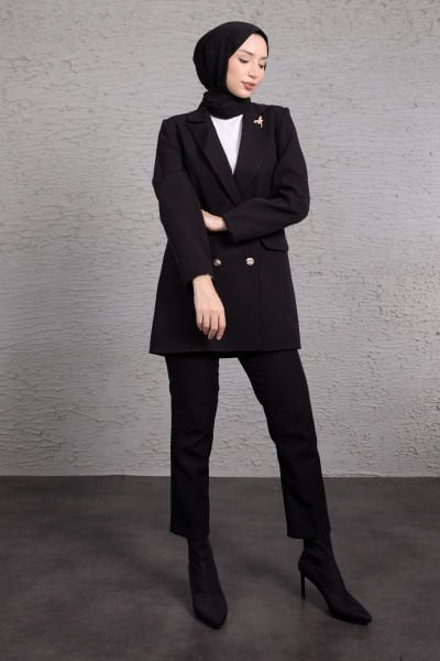 Platin Düğmeli Broş Detaylı Tesettür Blazer Ceket Siyah
