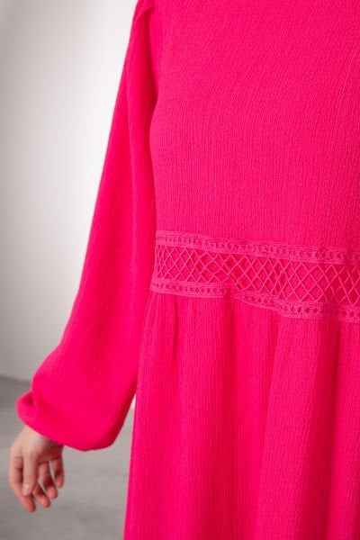 Beli ve Altı Motifli Tesettür Elbise Pembe