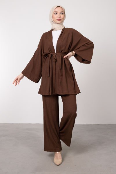 Kimono Rahat Kesim Örme Gofre Tesettür Takım Kahverengi