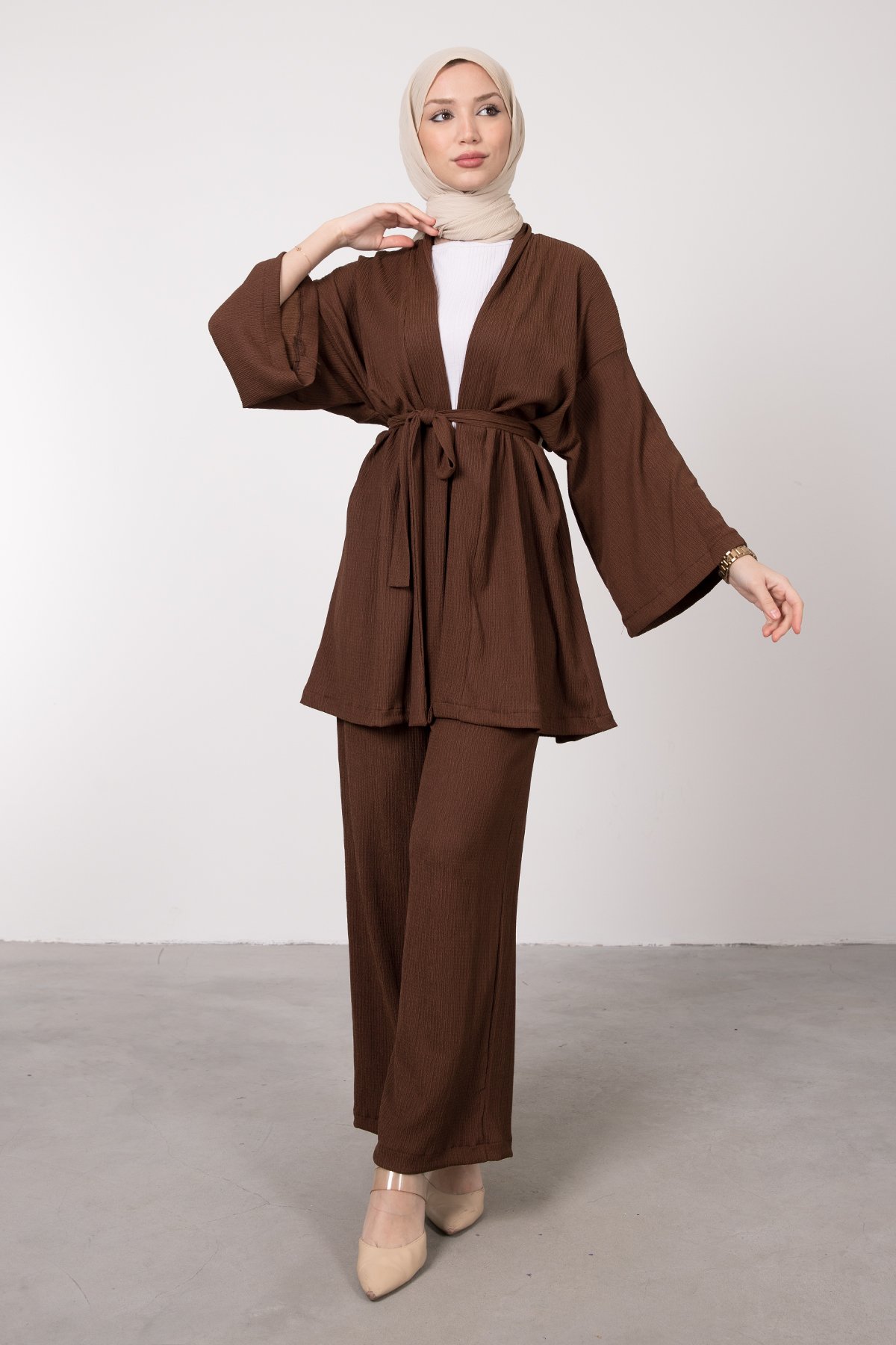 Kimono Rahat Kesim Örme Gofre Tesettür Takım Kahverengi