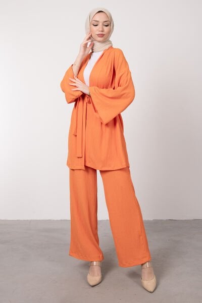 Kimono Rahat Kesim Örme Gofre Tesettür Takım Turuncu