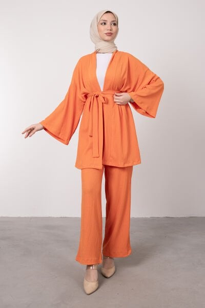 Kimono Rahat Kesim Örme Gofre Tesettür Takım Turuncu