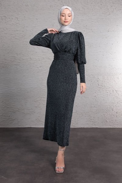 Mini Pırıltılı Likralı Tesettür Elbise Füme