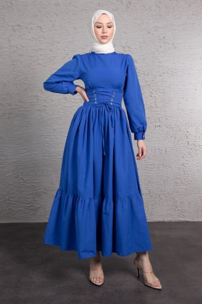 Beli Çapraz Bağcıklı Vintage Tesettür Elbise Saks