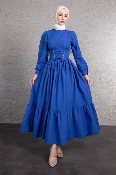 Beli Çapraz Bağcıklı Vintage Tesettür Elbise Saks