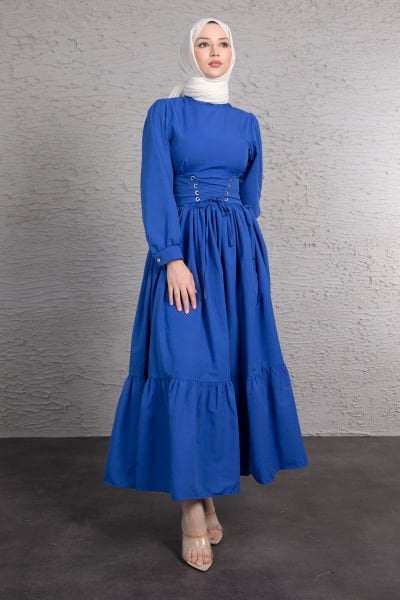 Beli Çapraz Bağcıklı Vintage Tesettür Elbise Saks