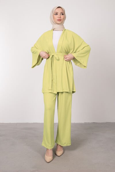 Kimono Rahat Kesim Örme Gofre Tesettür Takım Neon Sarı