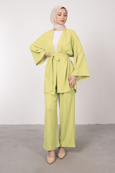 Kimono Rahat Kesim Örme Gofre Tesettür Takım Neon Sarı