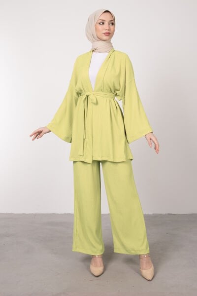 Kimono Rahat Kesim Örme Gofre Tesettür Takım Neon Sarı
