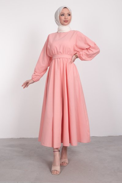 Kuşaklı Kloş Elbise Toz Pembe