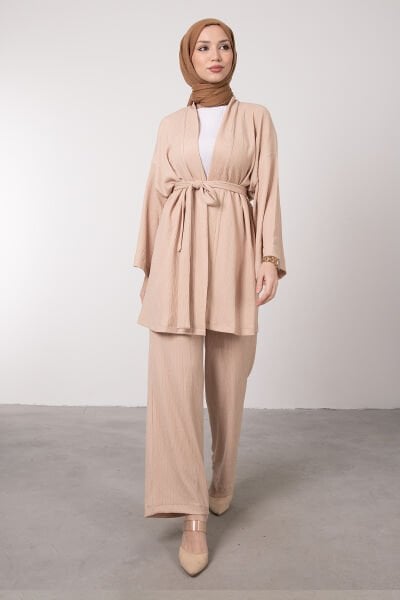 Kimono Rahat Kesim Örme Gofre Tesettür Takım Krem