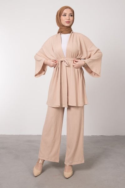 Kimono Rahat Kesim Örme Gofre Tesettür Takım Krem