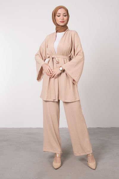 Kimono Rahat Kesim Örme Gofre Tesettür Takım Krem