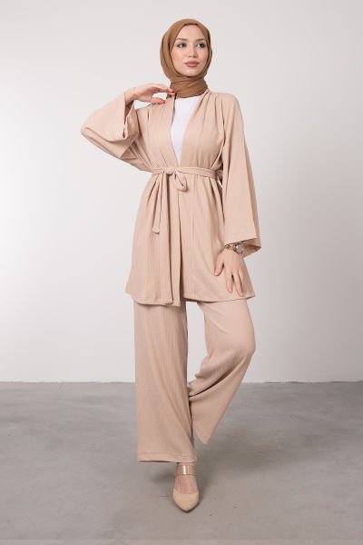 Kimono Rahat Kesim Örme Gofre Tesettür Takım Krem