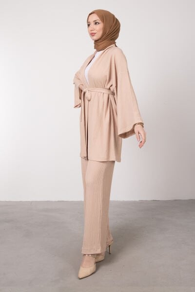 Kimono Rahat Kesim Örme Gofre Tesettür Takım Krem