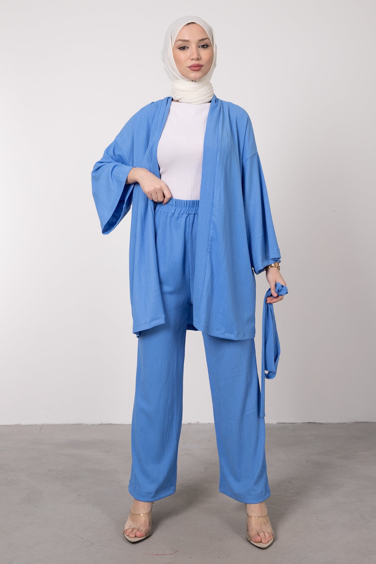 Kimono Rahat Kesim Örme Gofre Tesettür Takım Gök Mavi