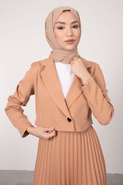Crop Ceketli Etekli Tesettür Takım Vizon