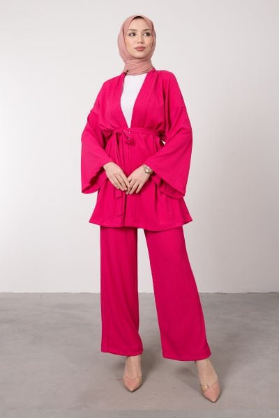 Kimono Rahat Kesim Örme Gofre Tesettür Takım Pembe