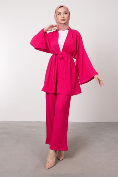 Kimono Rahat Kesim Örme Gofre Tesettür Takım Pembe