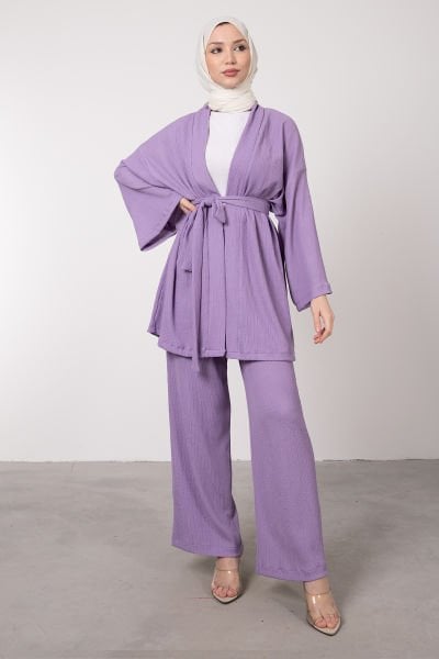 Kimono Rahat Kesim Örme Gofre Tesettür Takım Lila