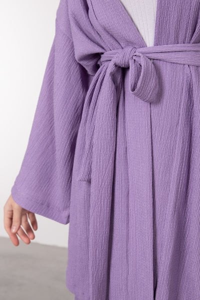 Kimono Rahat Kesim Örme Gofre Tesettür Takım Lila