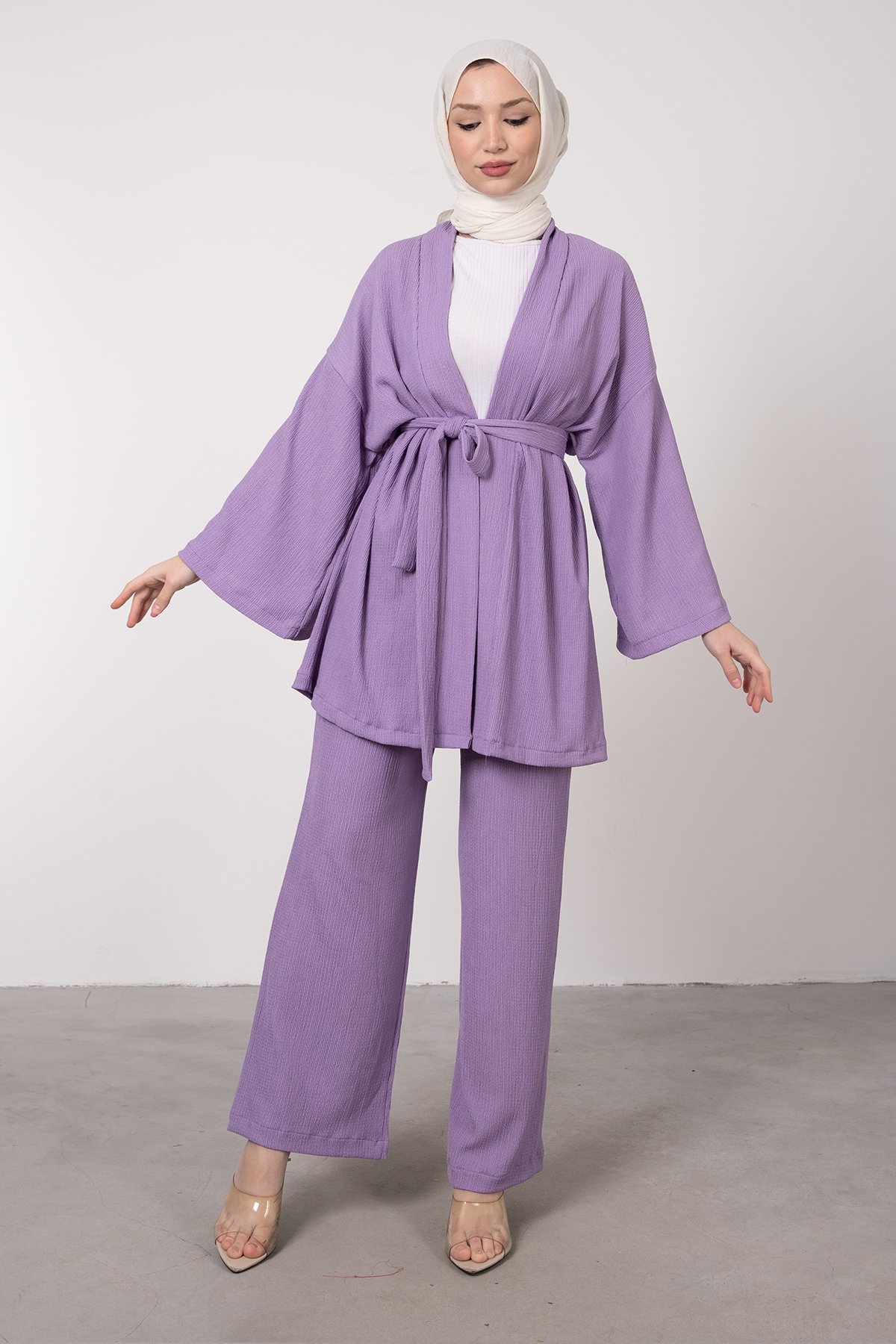 Kimono Rahat Kesim Örme Gofre Tesettür Takım Lila