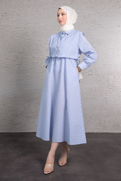 Boydan Çizgili Crop Detaylı Tesettür Elbise Bebe Mavi