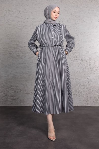 Boydan Çizgili Crop Detaylı Tesettür Elbise Füme
