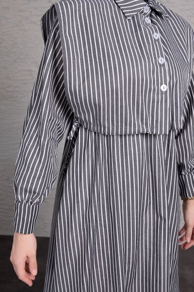 Boydan Çizgili Crop Detaylı Tesettür Elbise Füme