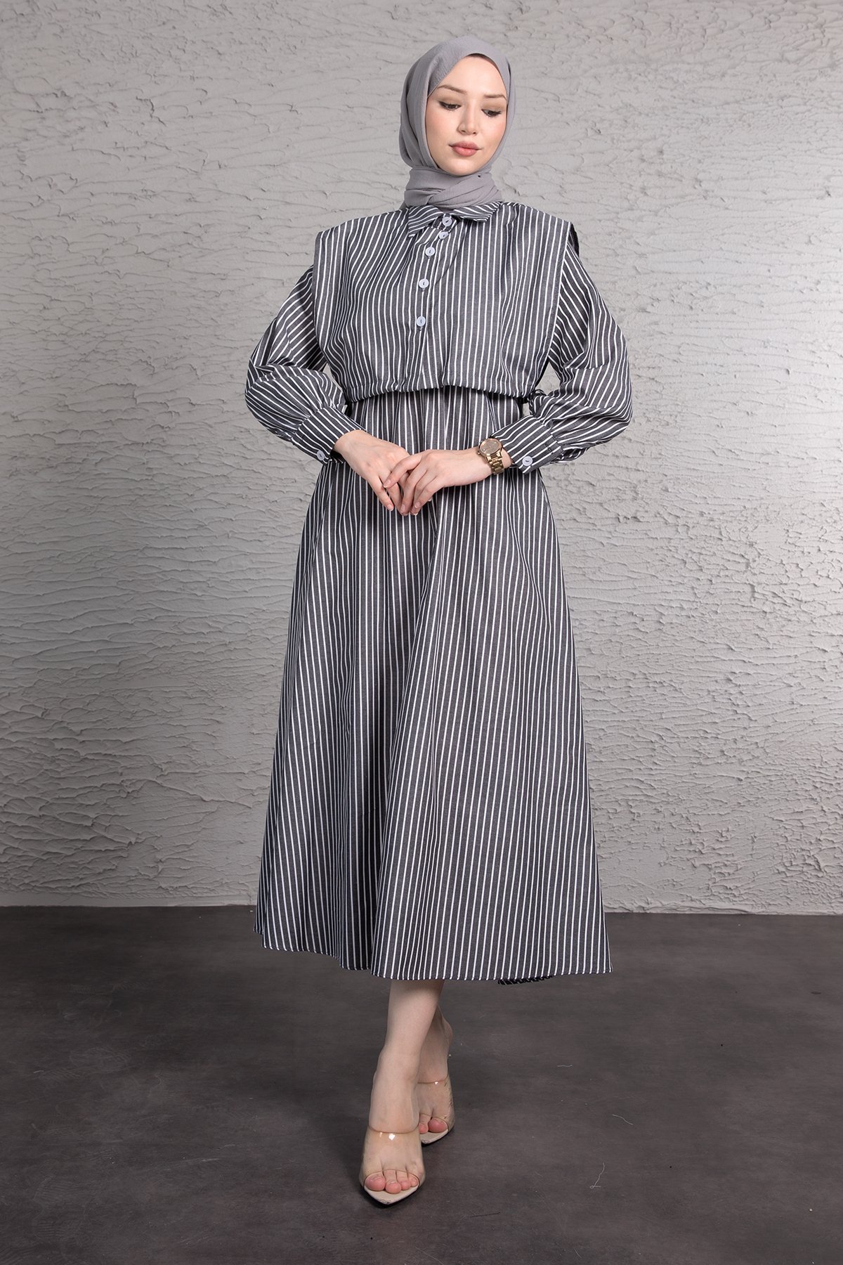 Boydan Çizgili Crop Detaylı Tesettür Elbise Füme