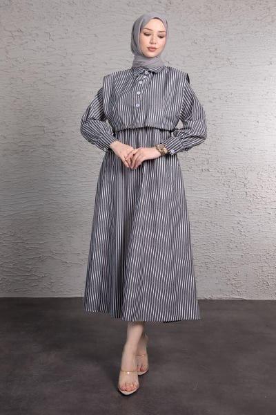 Boydan Çizgili Crop Detaylı Tesettür Elbise Füme