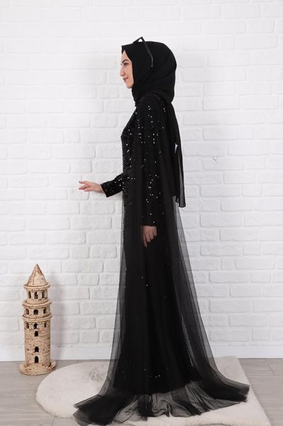 Tül Detaylı Balık Tesettür Abiye Siyah