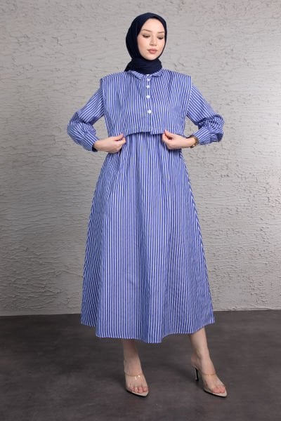 Boydan Çizgili Crop Detaylı Tesettür Elbise Saks