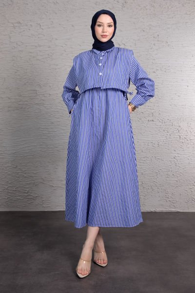 Boydan Çizgili Crop Detaylı Tesettür Elbise Saks