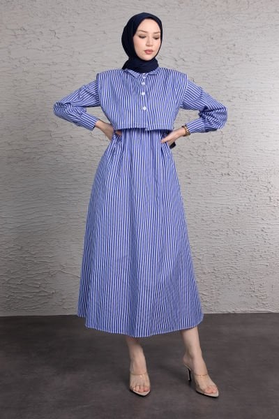 Boydan Çizgili Crop Detaylı Tesettür Elbise Saks