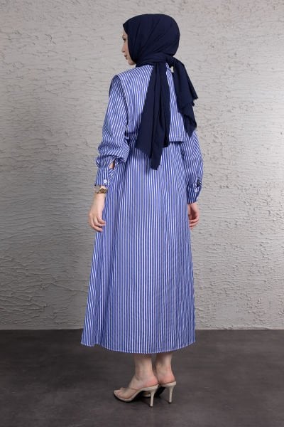Boydan Çizgili Crop Detaylı Tesettür Elbise Saks