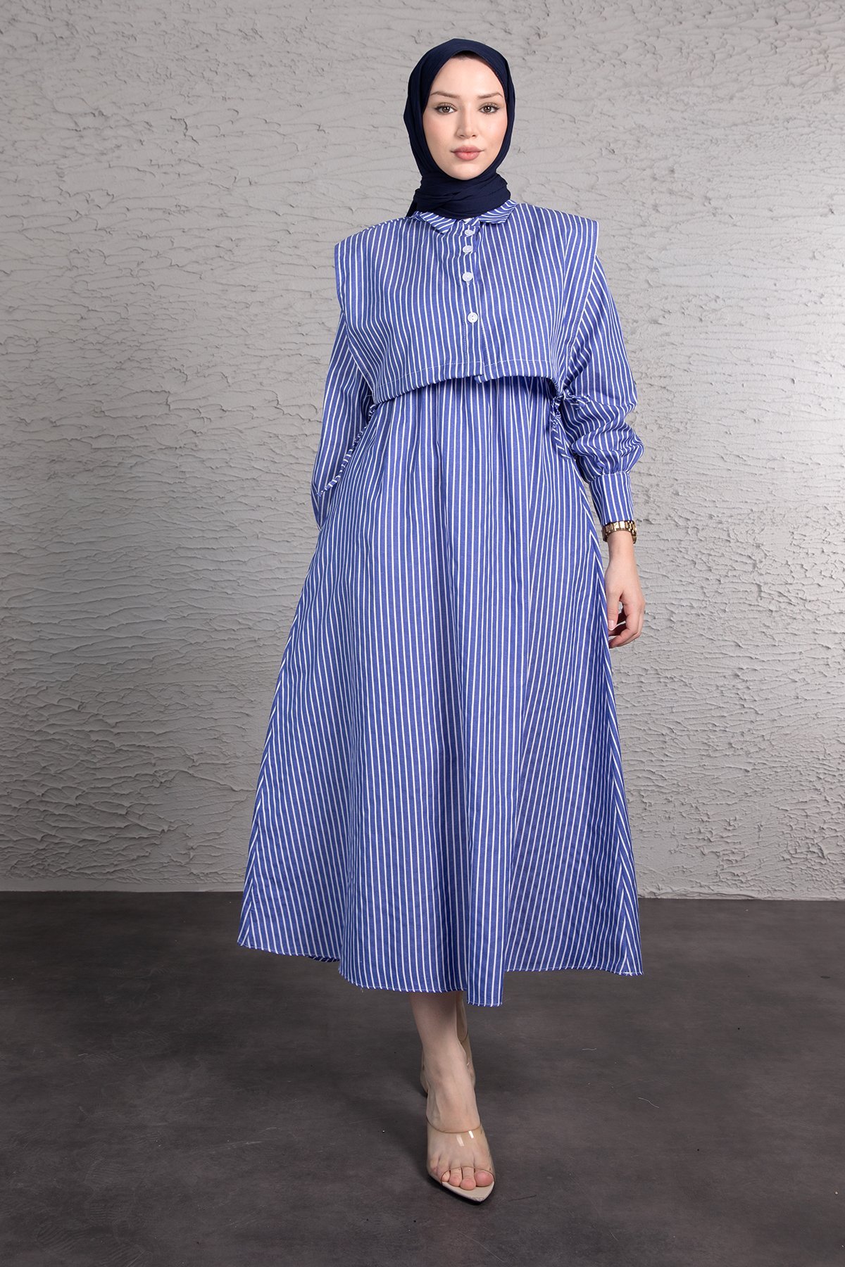 Boydan Çizgili Crop Detaylı Tesettür Elbise Saks