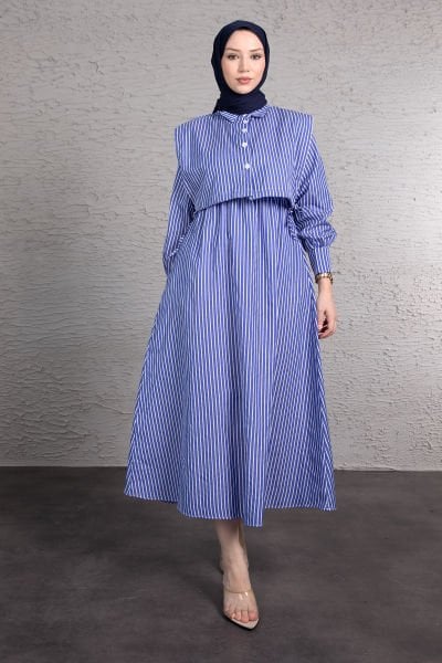 Boydan Çizgili Crop Detaylı Tesettür Elbise Saks