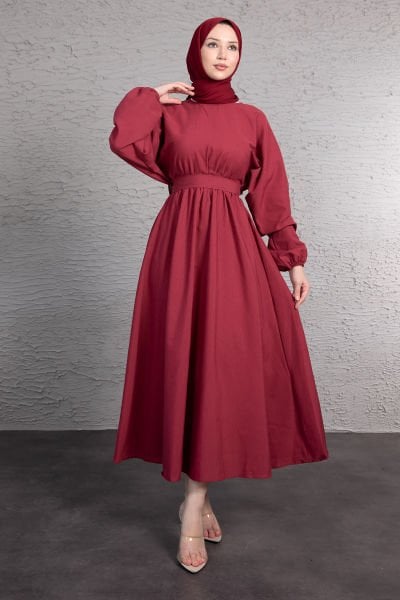 Kuşaklı Kloş Elbise Bordo
