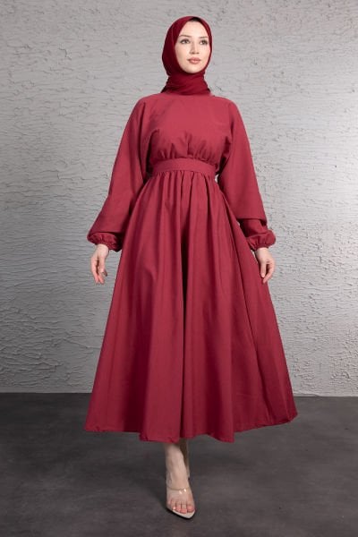 Kuşaklı Kloş Elbise Bordo